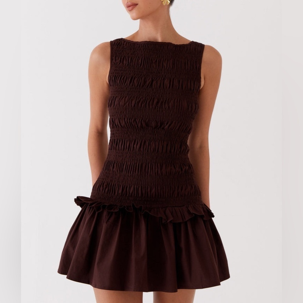 Peppermayo Brown Shirred Mini Dress Drop Waist Size 0 - Picture 2 of 8